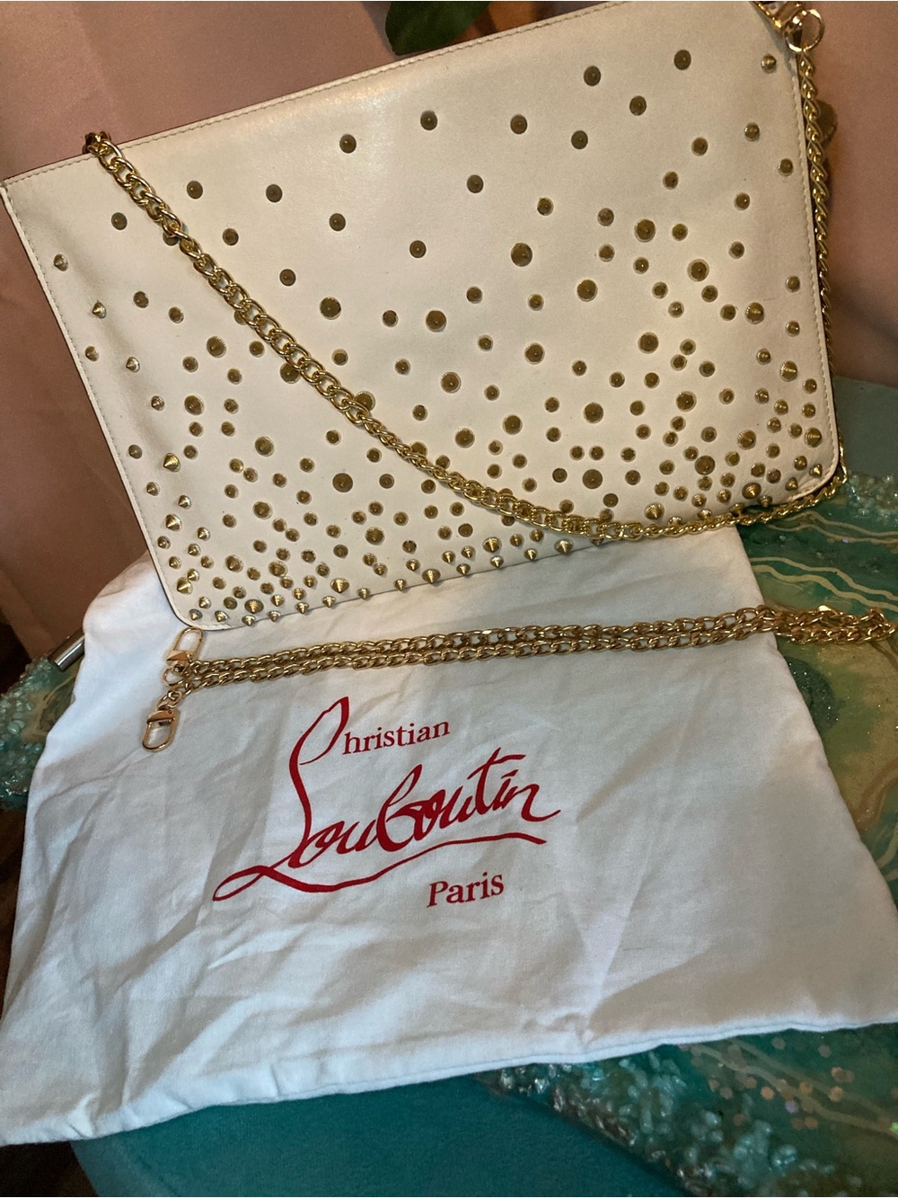 Christian Louboutin White Leather Studded Chain Clutch with Gold Hardware